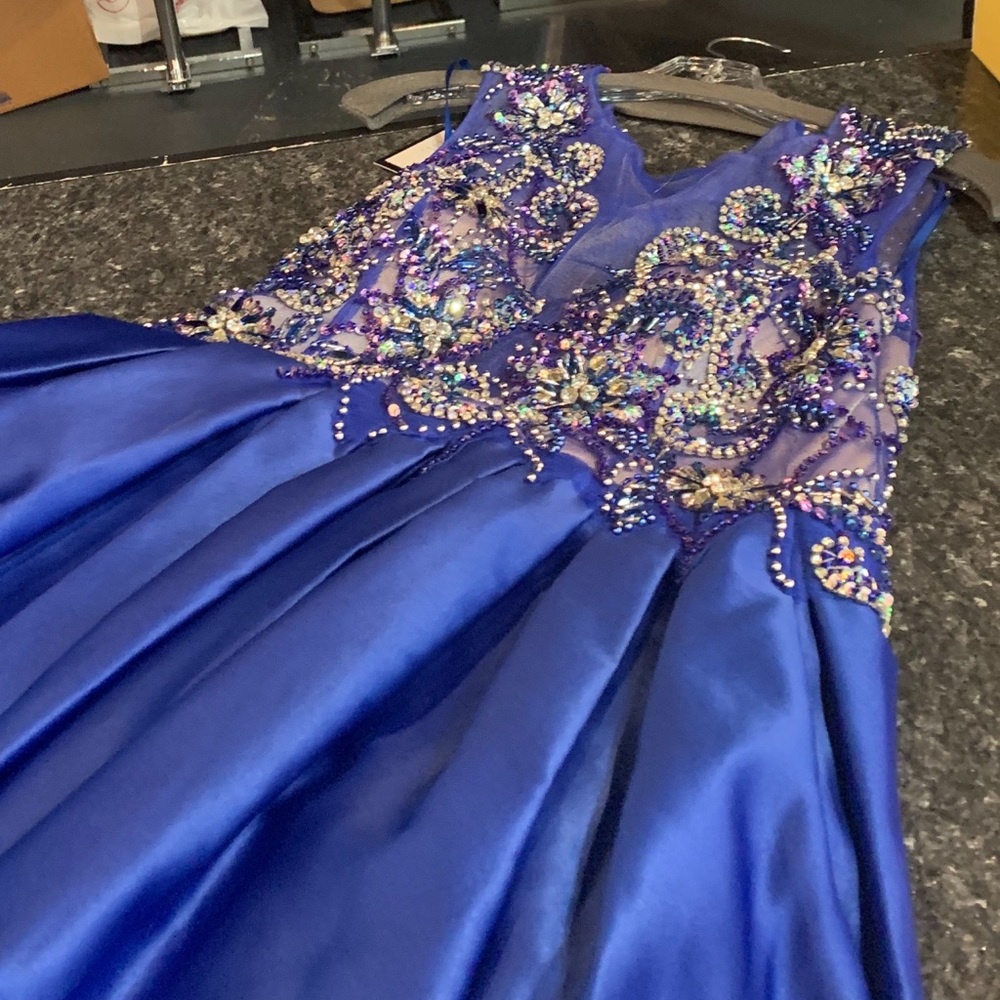Blue Satin Jeweled Homecoming Dress